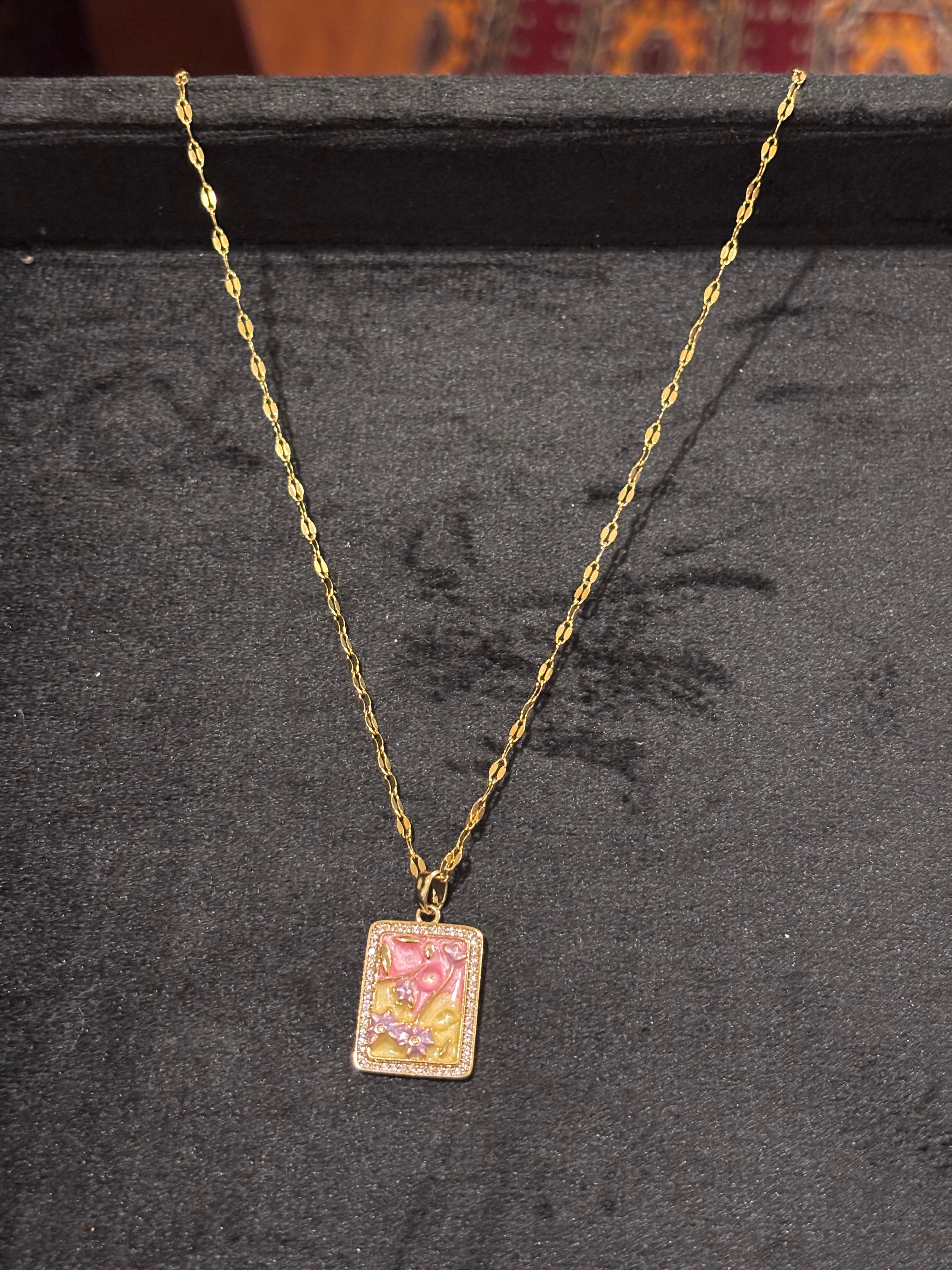Elara Floral Enamel Tablet Necklace
