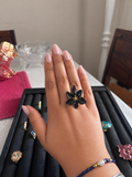 Enamel Noir Bloom Adjustable Ring