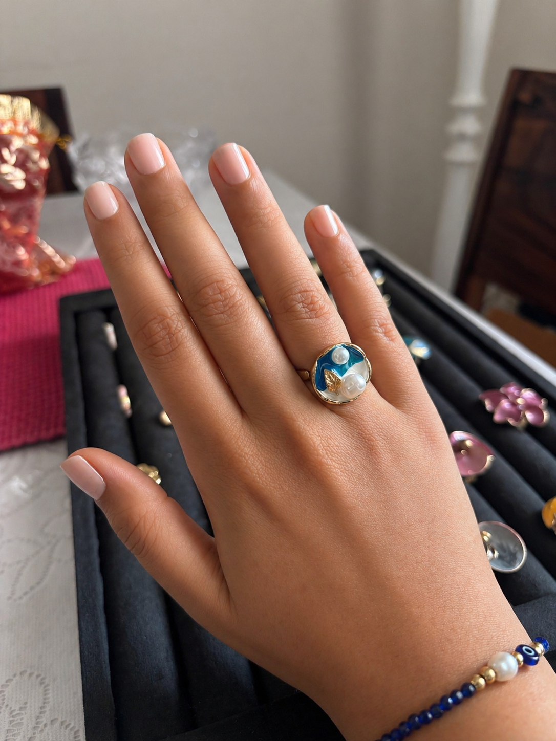 Enamel Pearl Duo Adjustable Ring – Teal