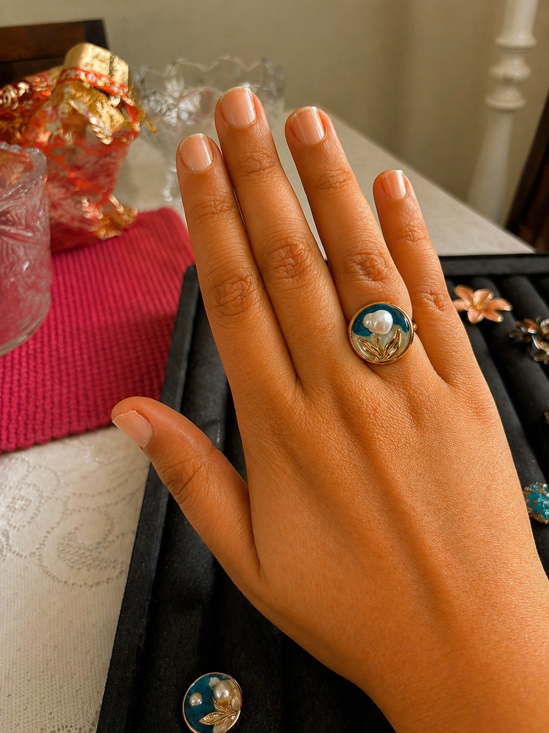 Enamel Pearl Bloom Adjustable Ring – Teal