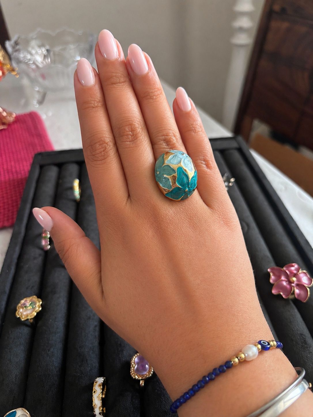 Enamel Mosaic Dome Adjustable Ring – Aqua
