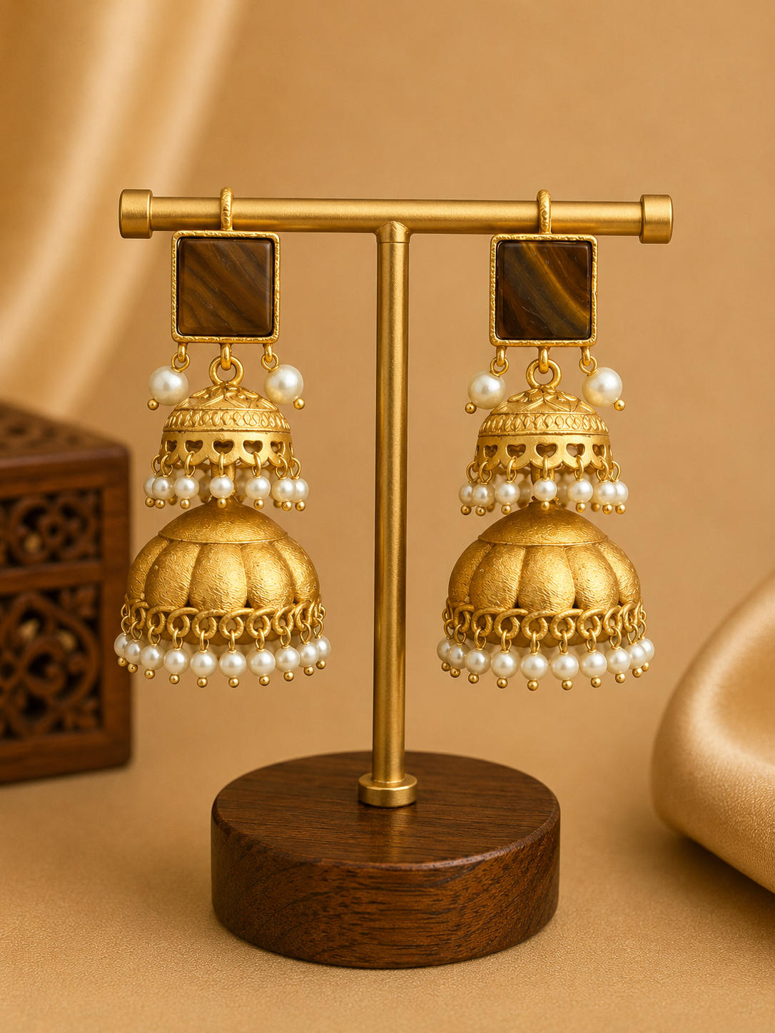 Tiger Eye Pearl Dome Jhumkas