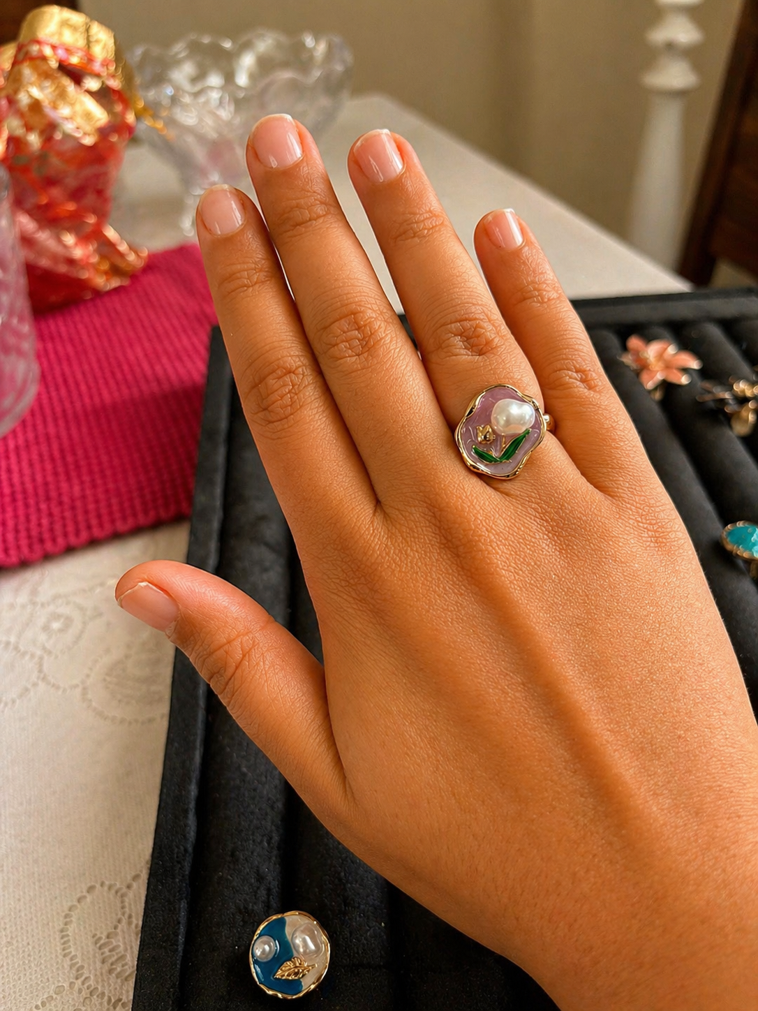 Enamel Pearl Garden Adjustable Ring – Lilac