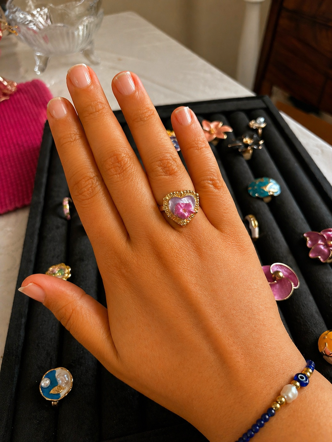 Enamel Heart Bloom Adjustable Ring – Blush