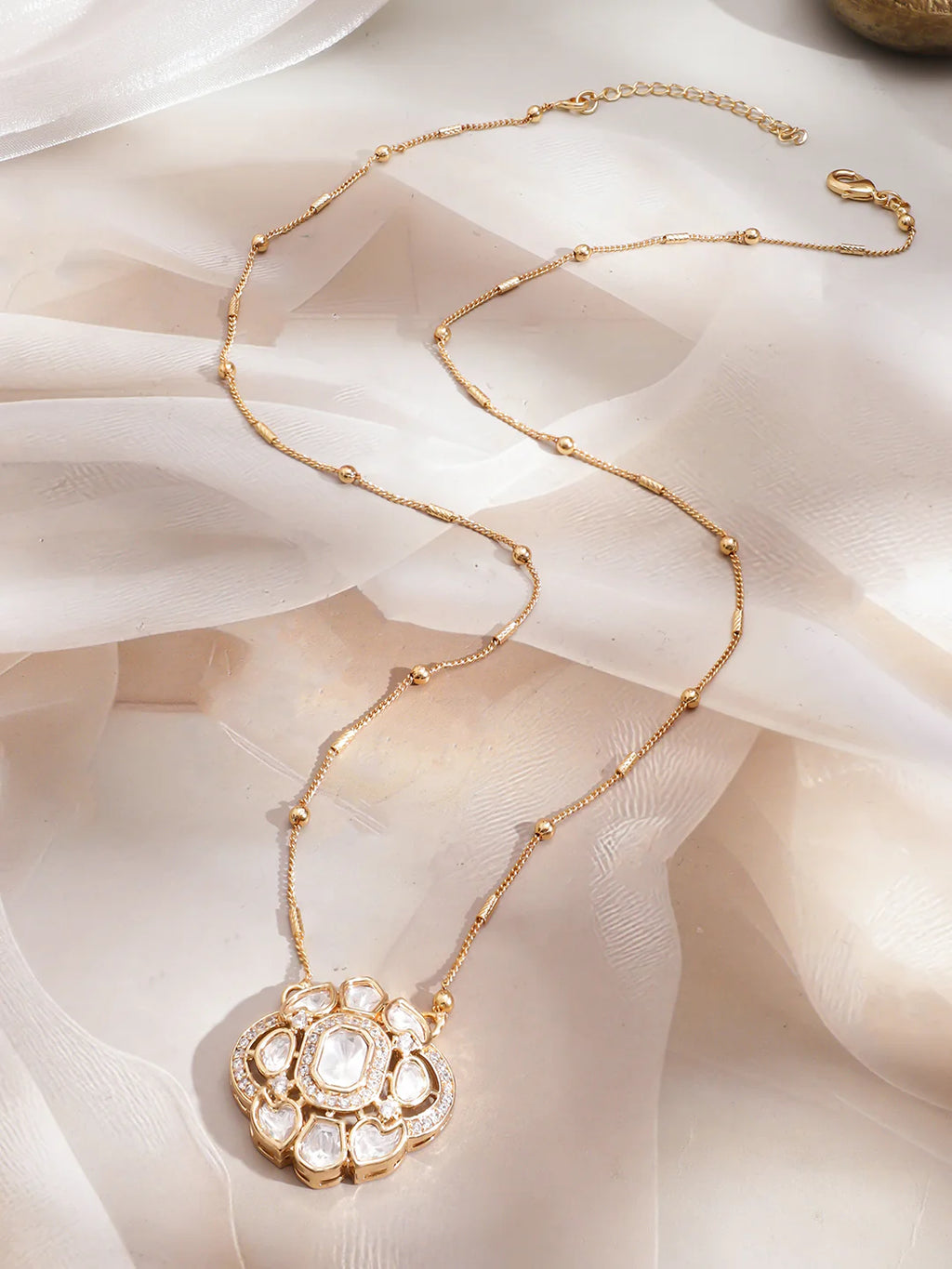 22K Gold-Plated White Kundan & Cubic Zirconia Studded Necklace with Gold Bead Chain