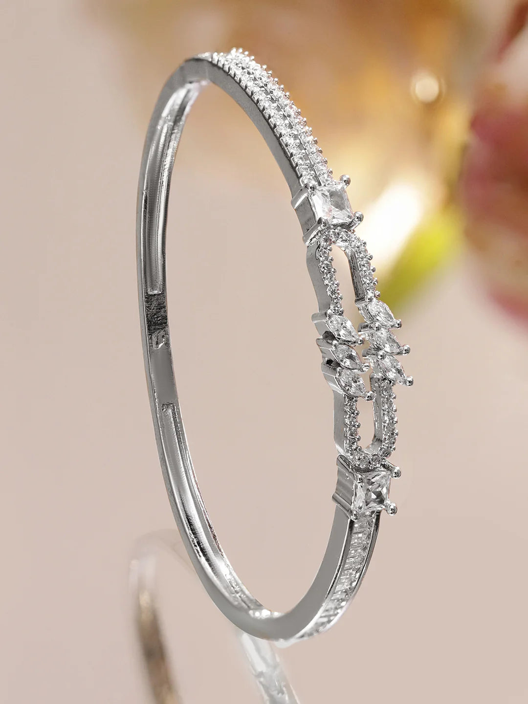 Rhodium-Plated Open-Link Bracelet with Marquise & Baguette Cubic Zirconia Accents