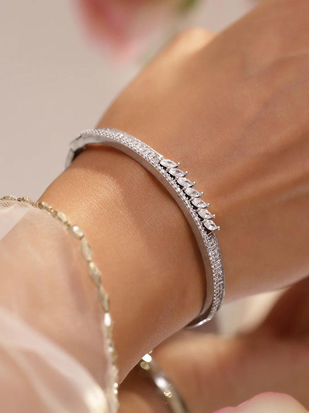 Rhodium-Plated Sleek Linear Bracelet with Marquise & Baguette Cubic Zirconia Accents