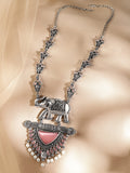 Oxidised Silver-Plated Statement Necklace with Elephant Motif, Pink Enamel & Pearl Detailing