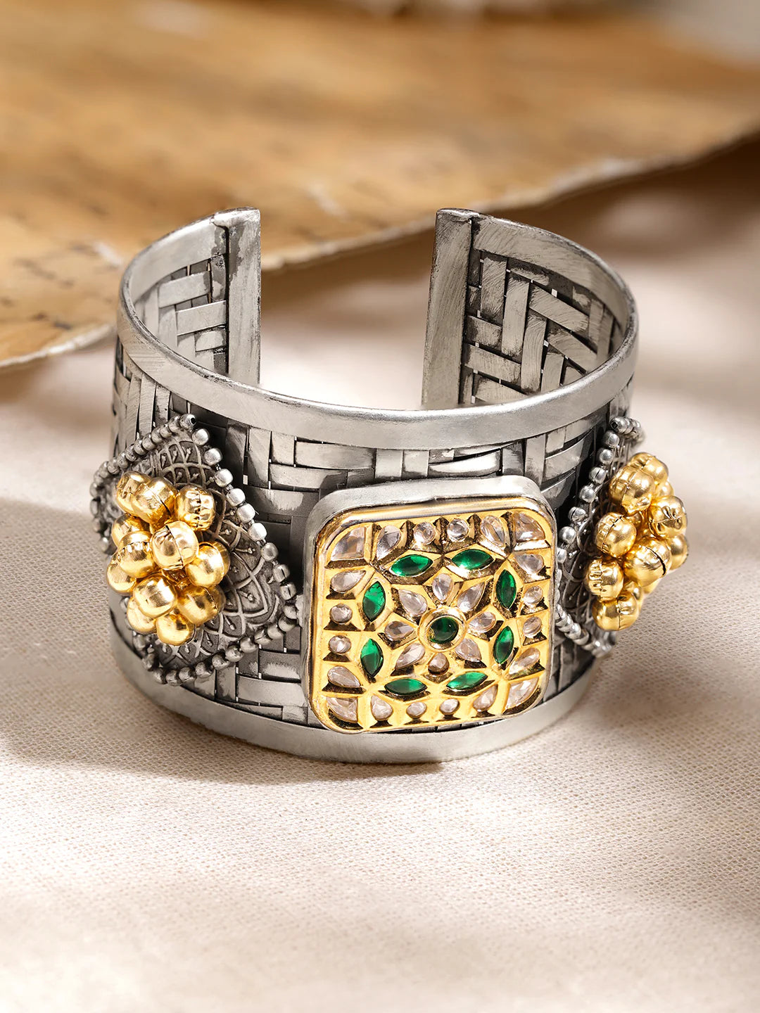 Oxidised Silver-Plated Open Cuff Bracelet with Emerald Green Stones & Golden Beads