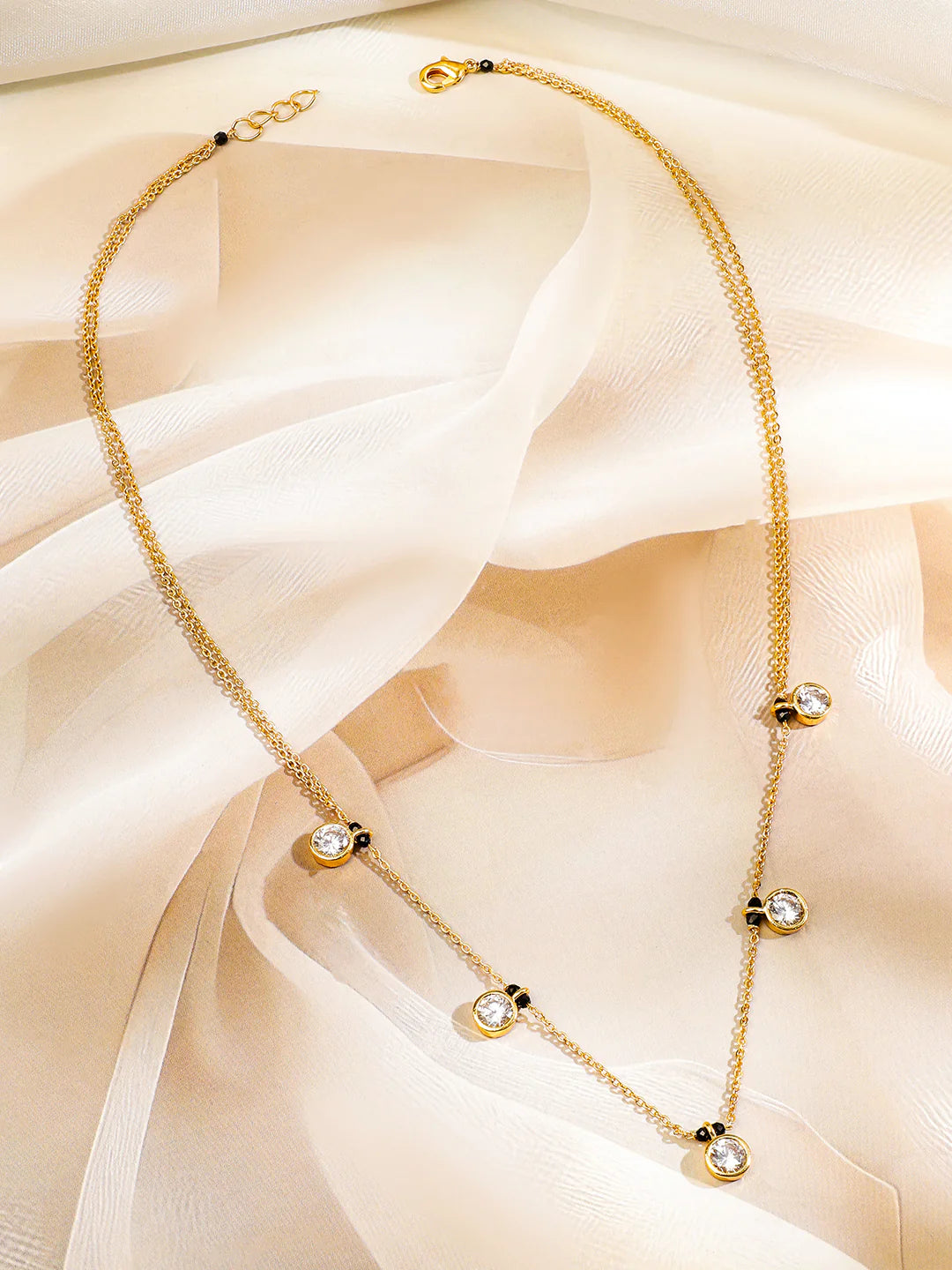 18K Gold-Plated White Cubic Zirconia Studded Minimal Mangalsutra Necklace with Black Beaded Chain