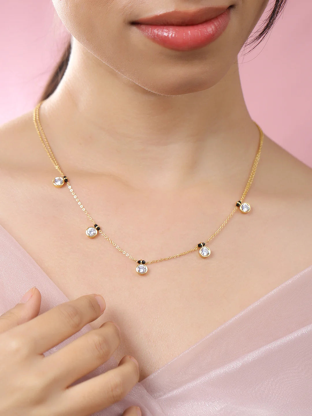 18K Gold-Plated White Cubic Zirconia Studded Minimal Mangalsutra Necklace with Black Beaded Chain