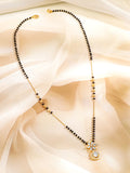 18K Gold-Plated White Cubic Zirconia Studded Floral & Teardrop Pendant Mangalsutra with Black & Gold Beaded Chain