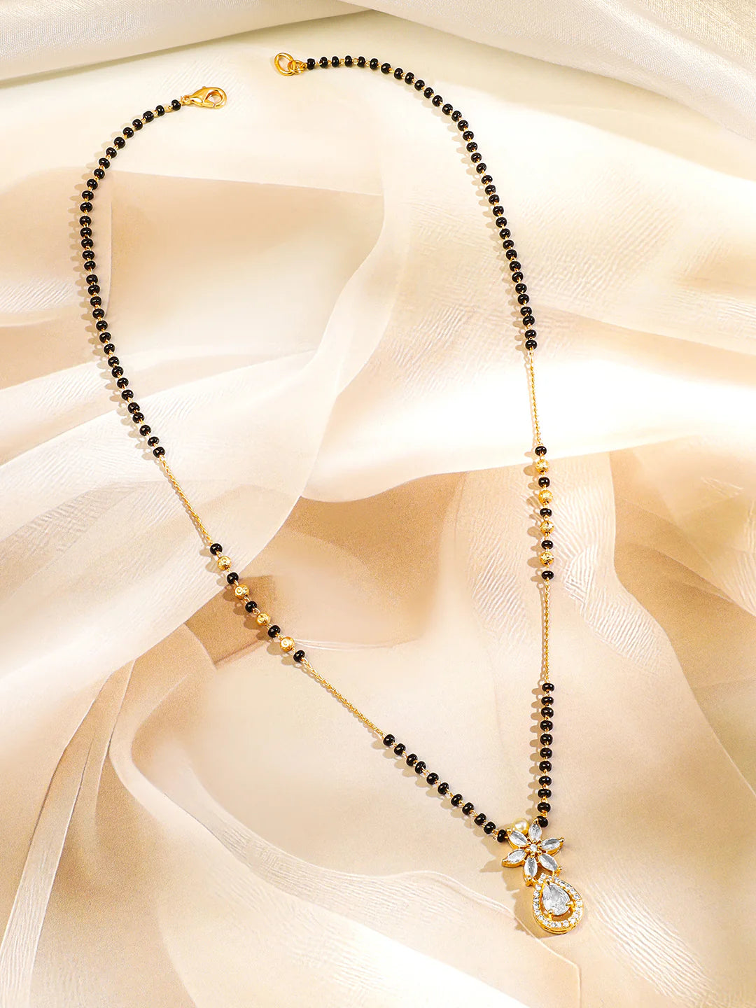 18K Gold-Plated White Cubic Zirconia Studded Floral & Teardrop Pendant Mangalsutra with Black & Gold Beaded Chain