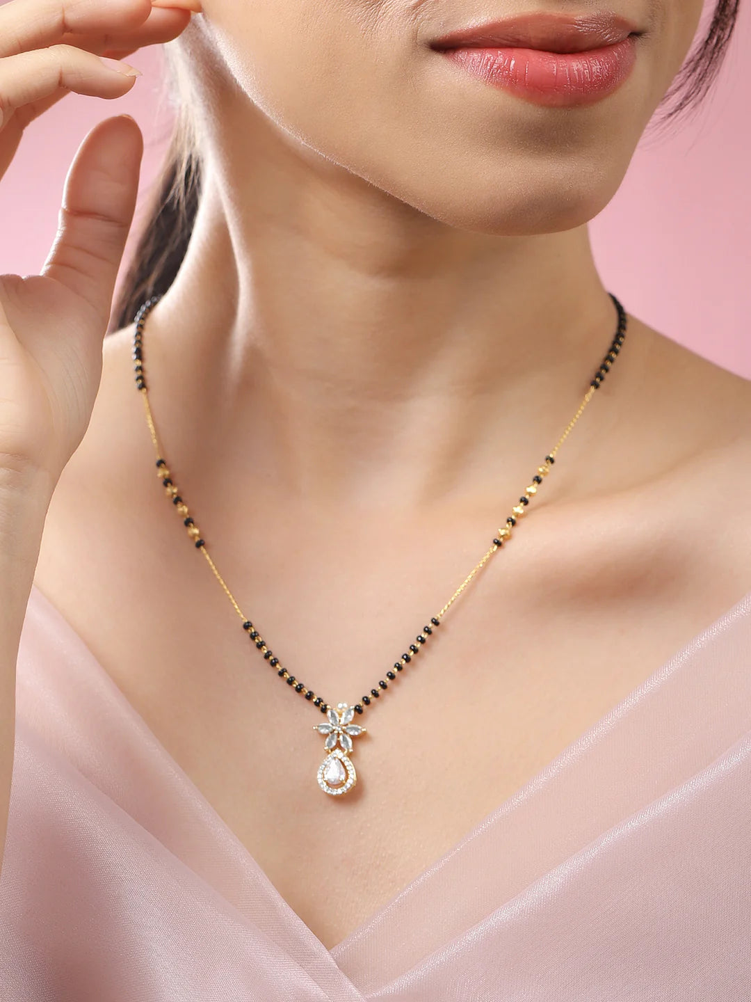 18K Gold-Plated White Cubic Zirconia Studded Floral & Teardrop Pendant Mangalsutra with Black & Gold Beaded Chain