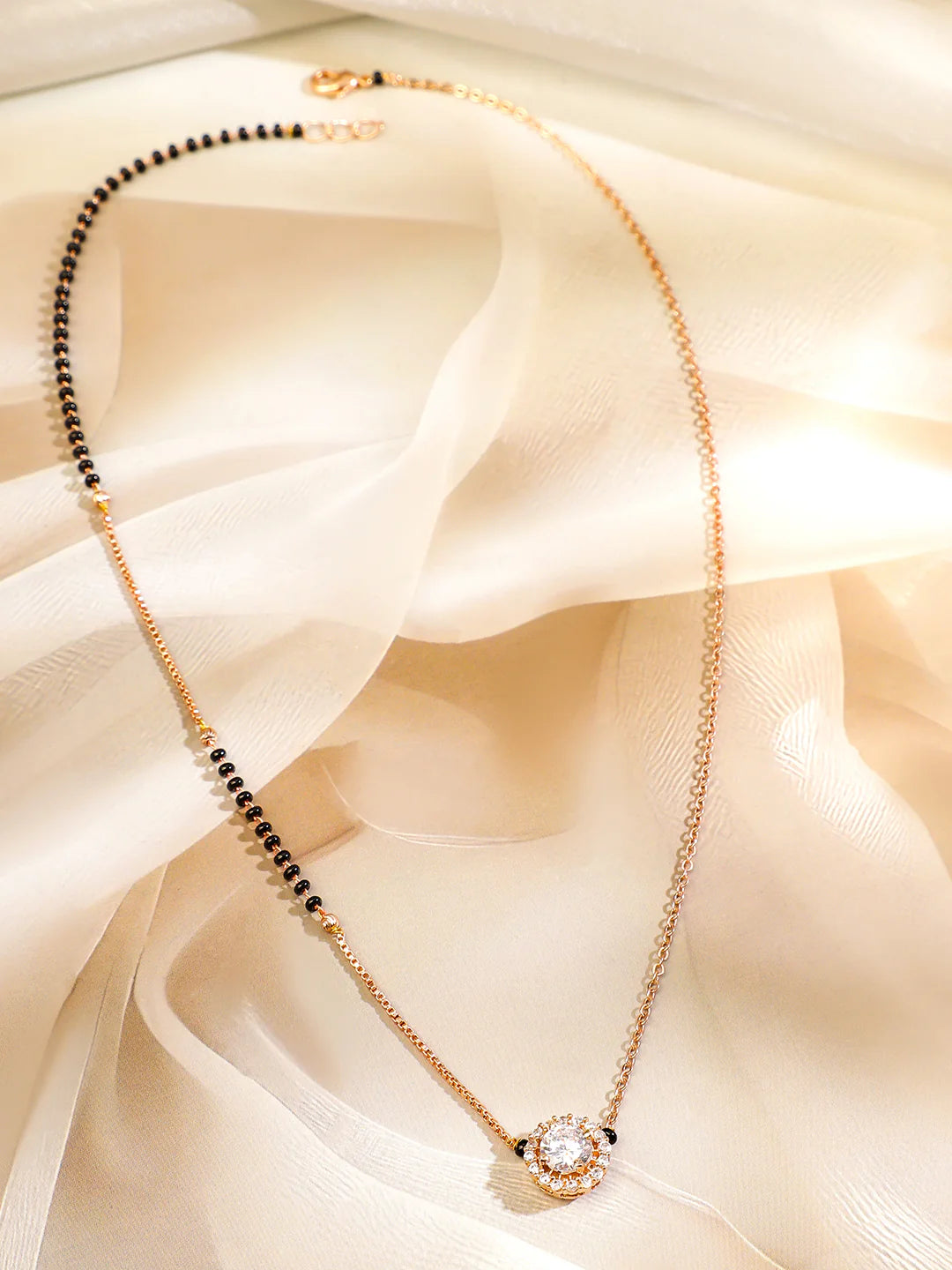 8K Rose Gold-Plated White Cubic Zirconia Studded Round Pendant Mangalsutra with Black Beaded Chain