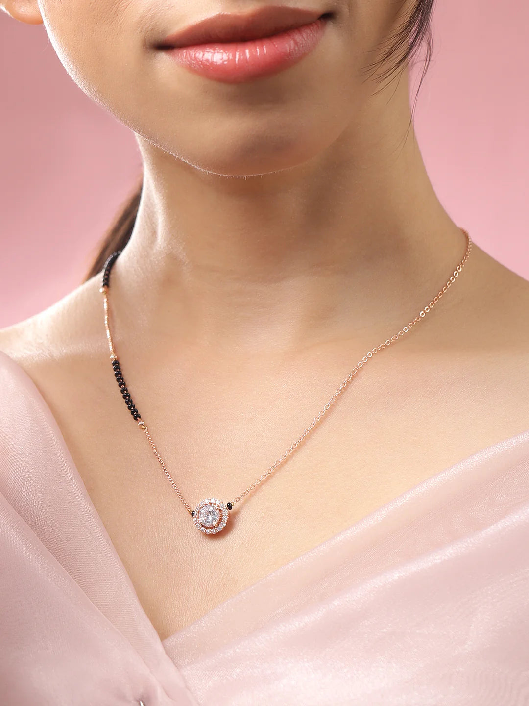 8K Rose Gold-Plated White Cubic Zirconia Studded Round Pendant Mangalsutra with Black Beaded Chain