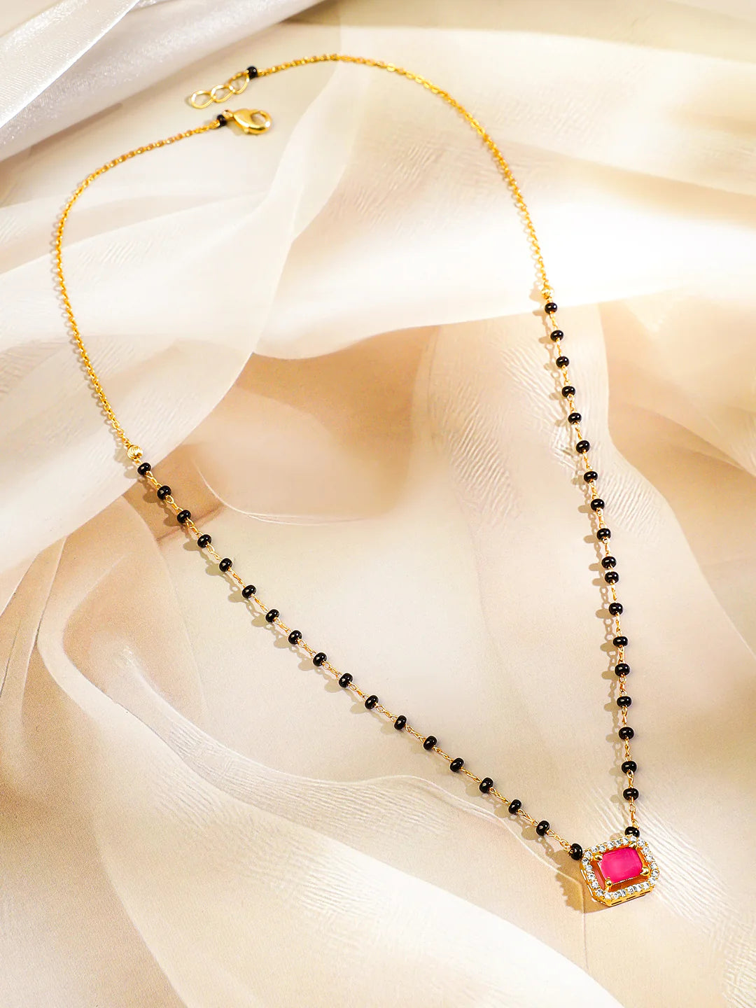 22K Gold-Plated Ruby Pink & Cubic Zirconia Stone Studded Mangalsutra with Black Beaded Chain