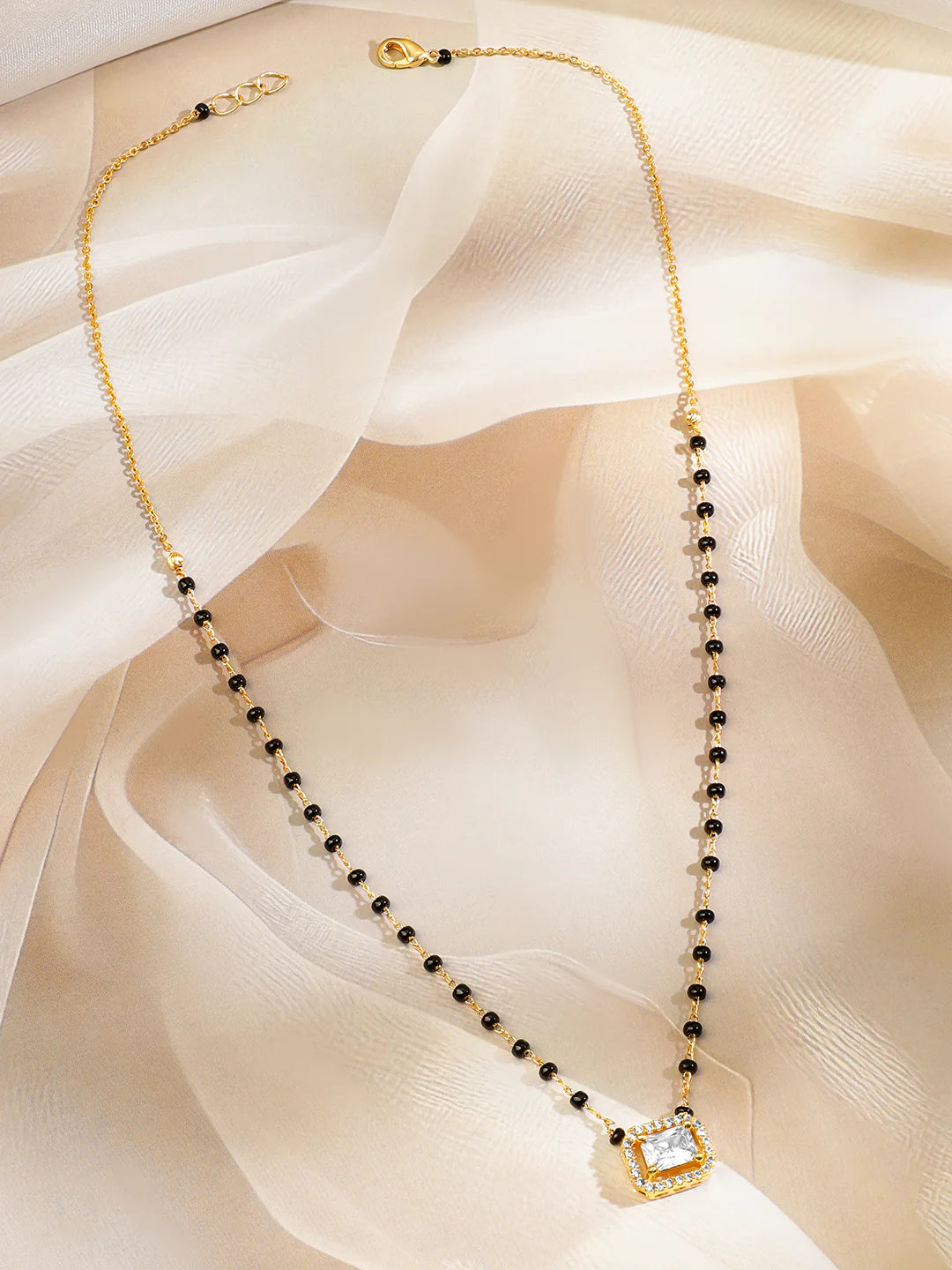 22K Gold-Plated White Cubic Zirconia Stone Studded Mangalsutra with Black Beaded Chain
