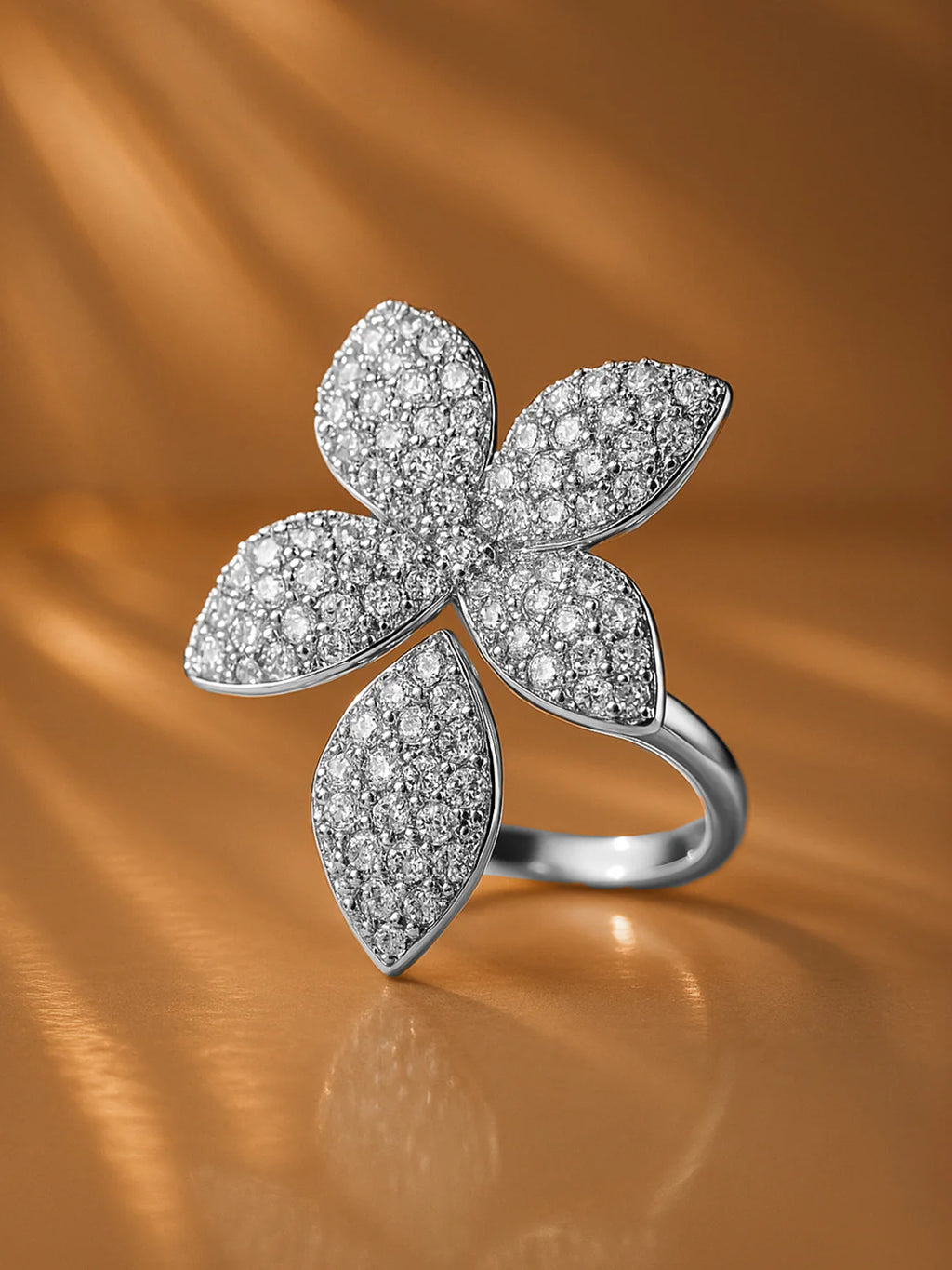 Rhodium-Plated Stainless Steel Tarnish-Free Waterproof Cubic Zirconia Floral Adjustable Ring