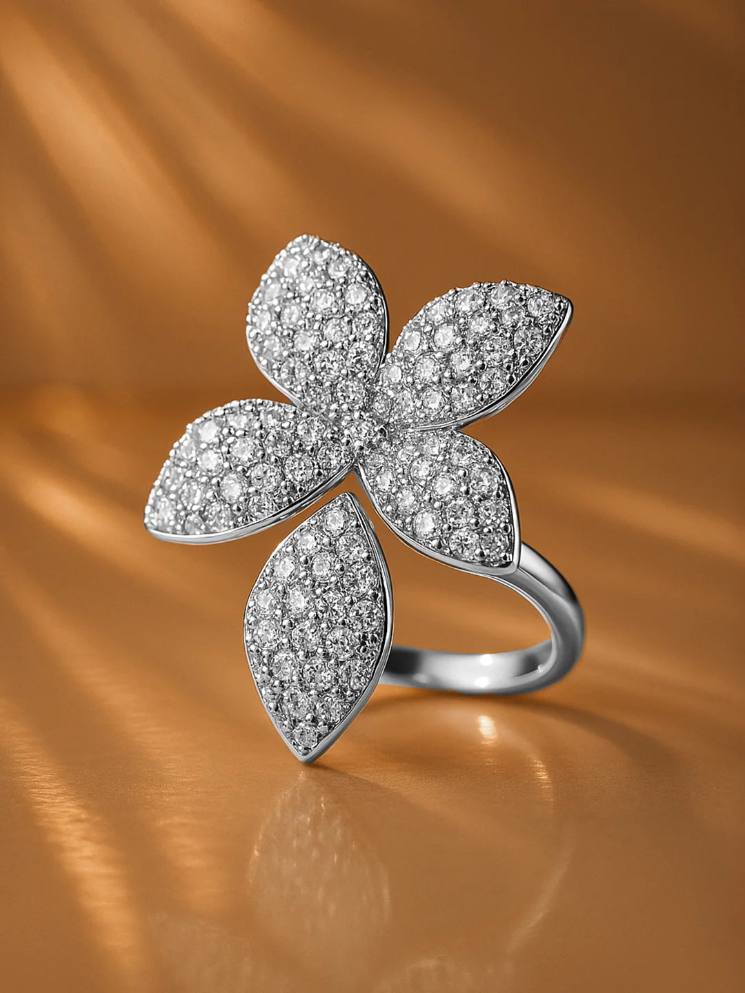 Rhodium-Plated Stainless Steel Tarnish-Free Waterproof Cubic Zirconia Floral Adjustable Ring