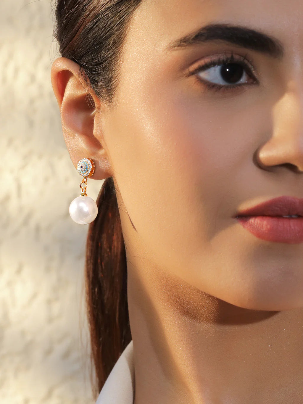 18K Gold-Plated Brass Blue & White Zirconia Studs and White Pearl Drops Earrings