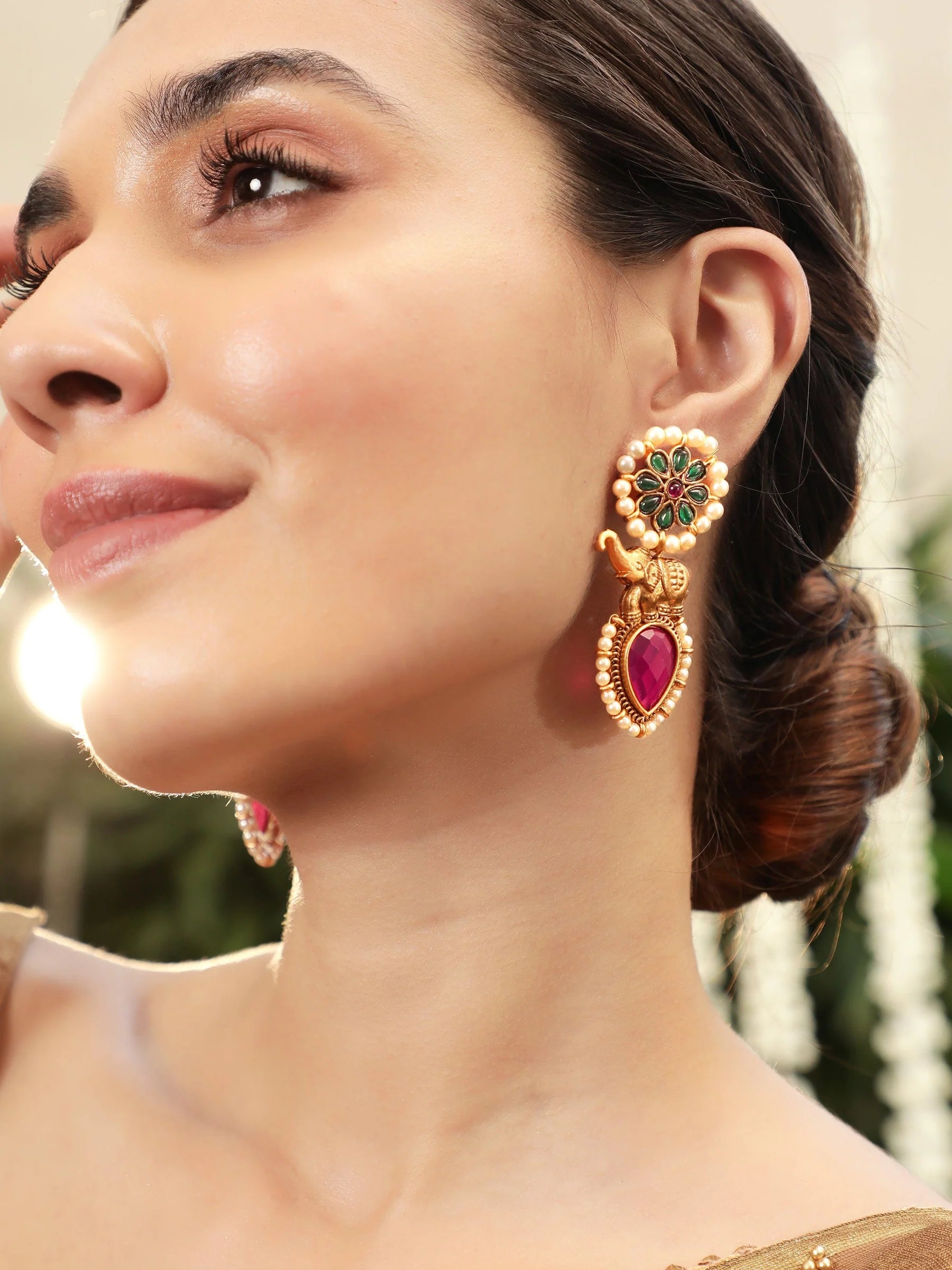 18K Gold-Plated Red & Green Stone Studded Elephant Motif Earring with Pearl Accents