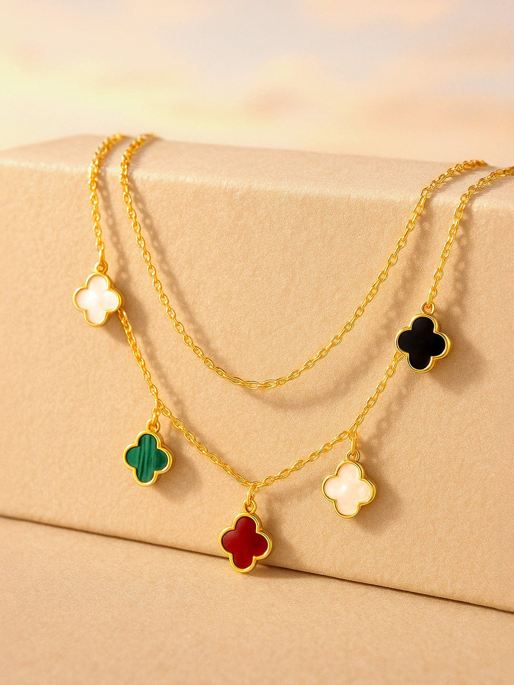 18K Gold-Plated Stainless Steel Tarnish-Free Waterproof Dual Layer Necklace with Multicolor Clover Charms