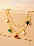 18K Gold-Plated Stainless Steel Tarnish-Free Waterproof Dual Layer Necklace with Multicolor Clover Charms