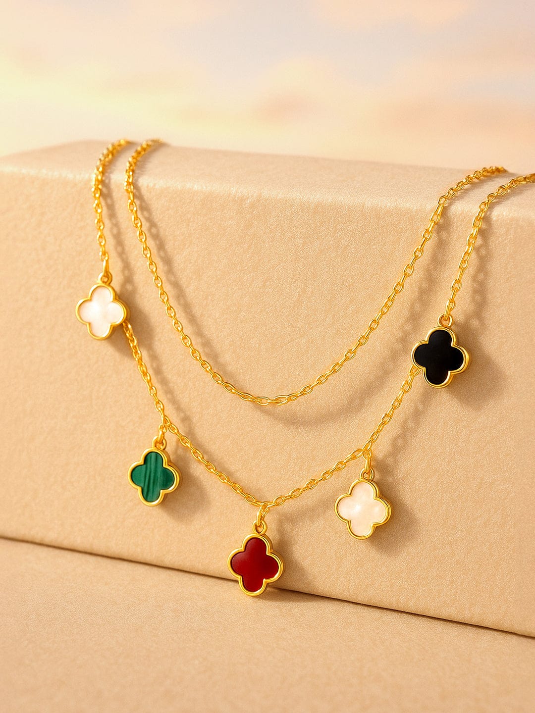 18K Gold-Plated Stainless Steel Tarnish-Free Waterproof Dual Layer Necklace with Multicolor Clover Charms