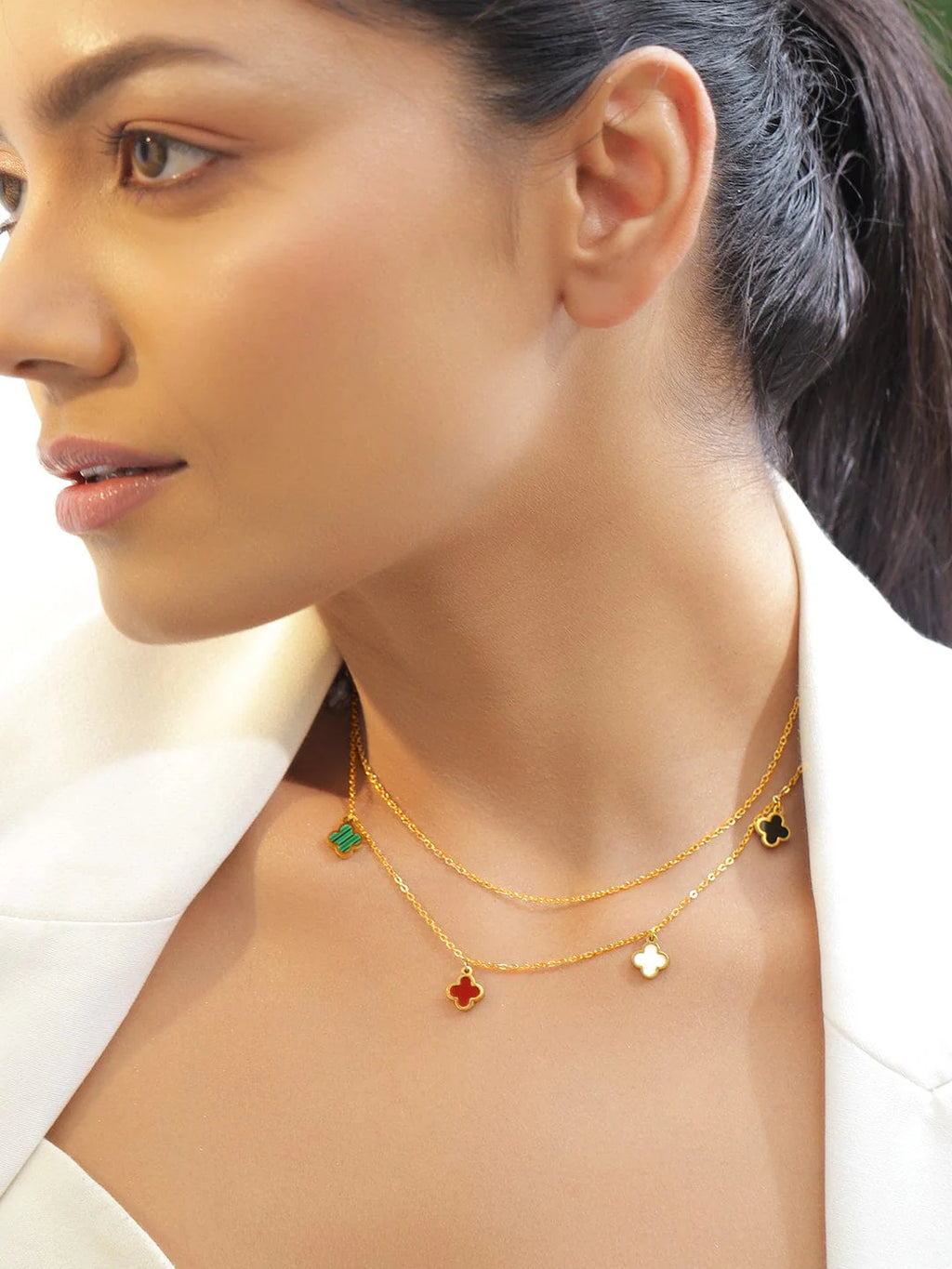 18K Gold-Plated Stainless Steel Tarnish-Free Waterproof Dual Layer Necklace with Multicolor Clover Charms