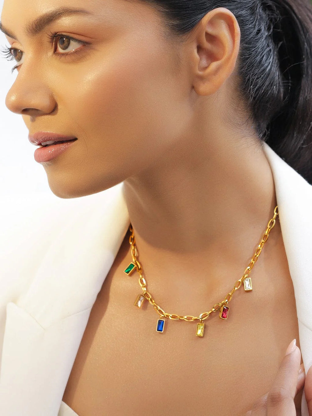 18K Gold-Plated Stainless Steel Tarnish-Free Waterproof Multicolor Stone Charm Chain Necklace
