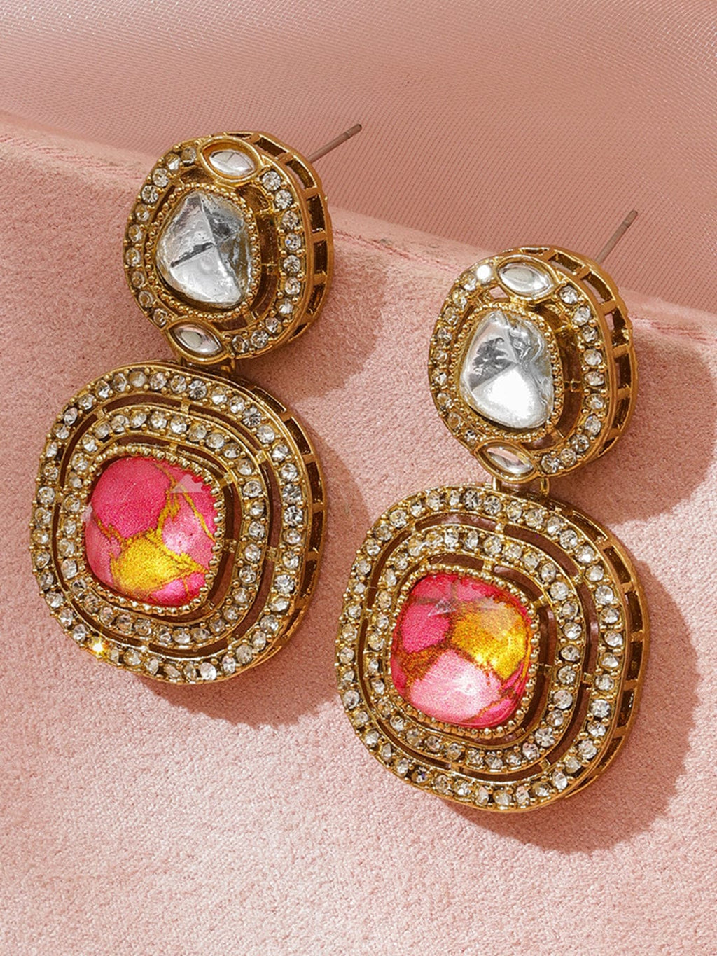 18K Mehndi Gold-Plated Pink & Golden Dyed Quartz & Cubic Zirconia Drop Earrings