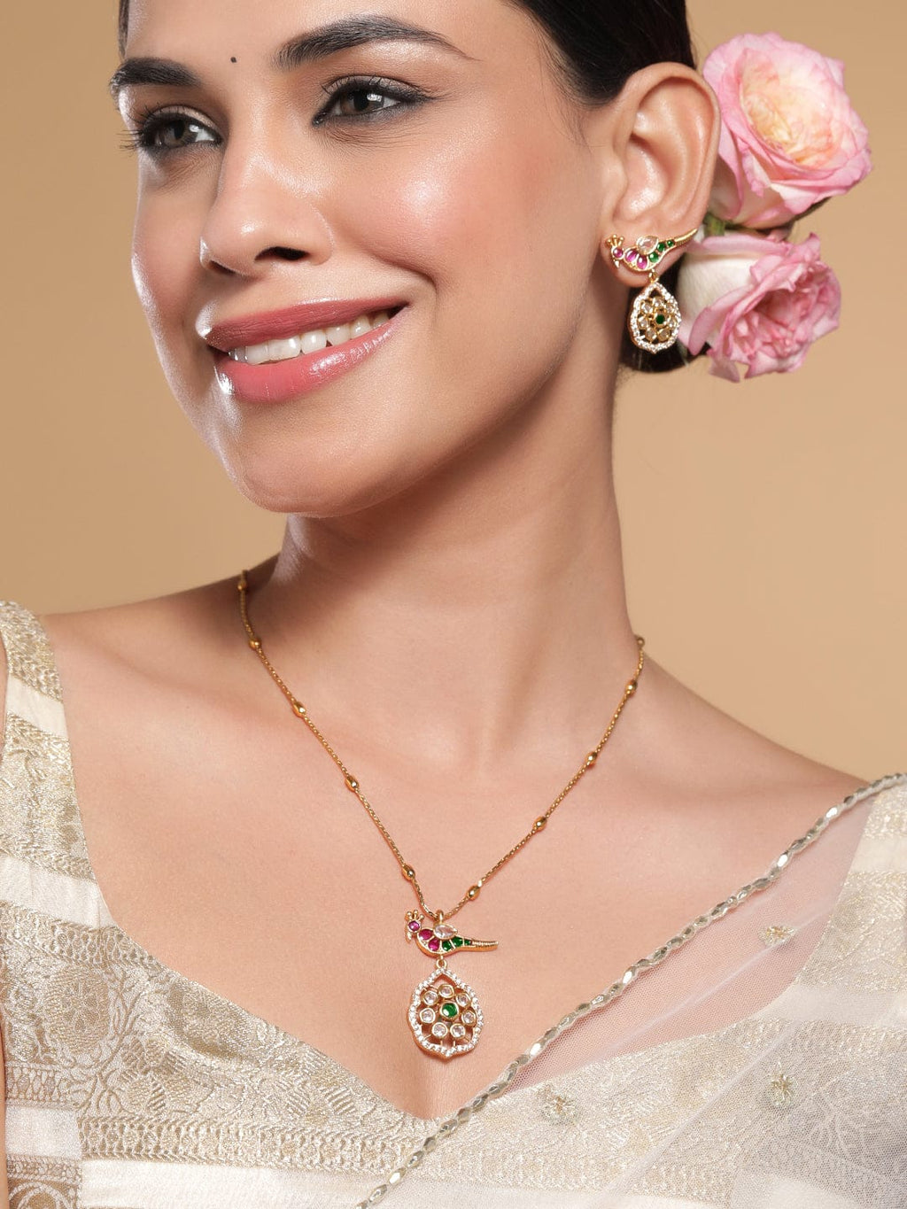 22 K Gold-Plated Ruby, Emerald & Kundan with Zirconia Studded Peacock Design Necklace Set