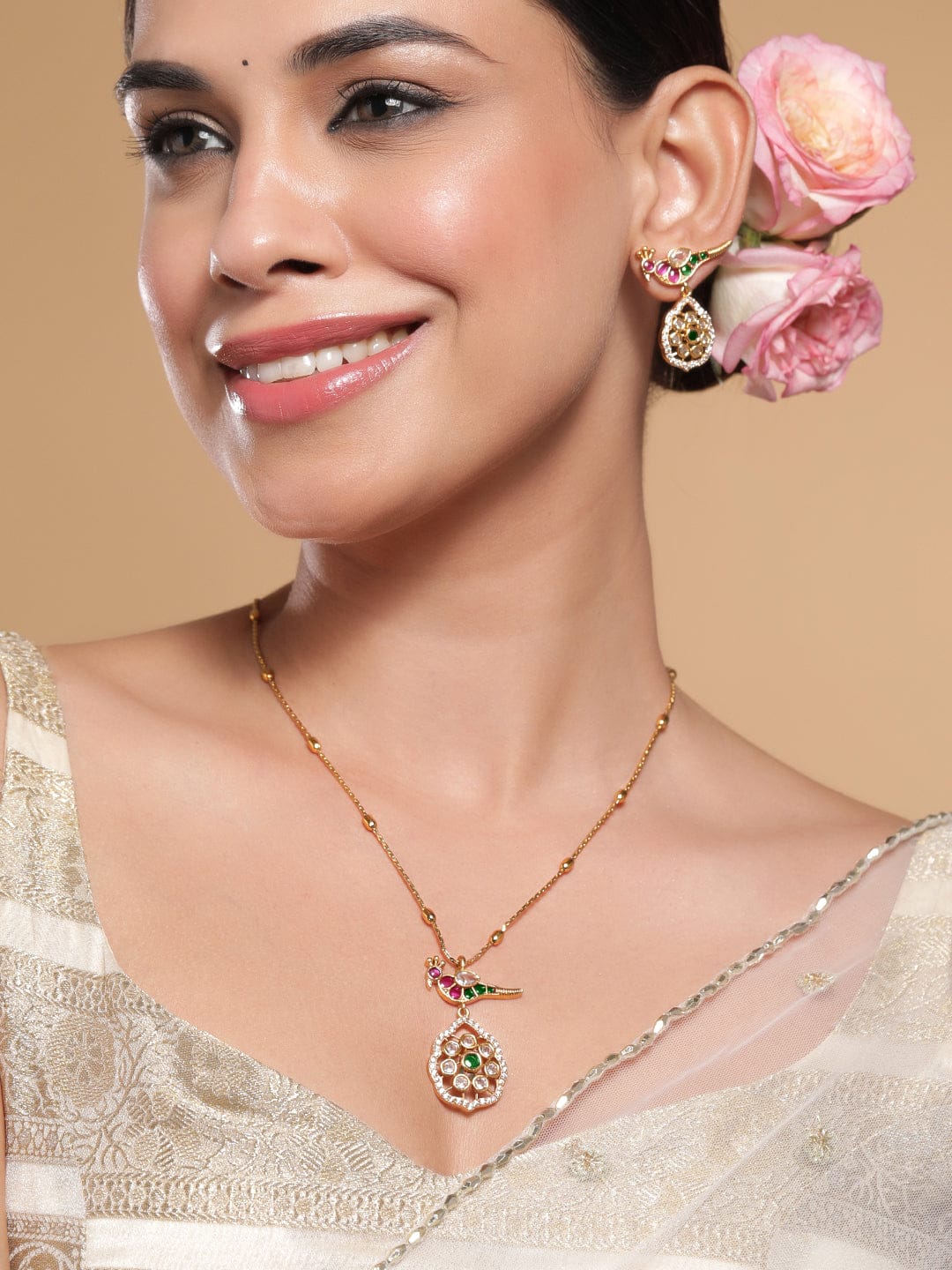 22 K Gold-Plated Ruby, Emerald & Kundan with Zirconia Studded Peacock Design Necklace Set