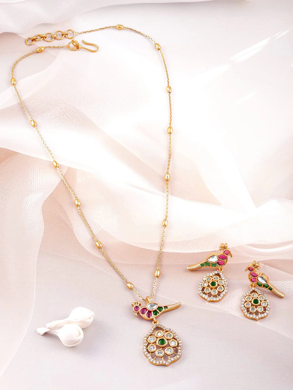 22 K Gold-Plated Ruby, Emerald & Kundan with Zirconia Studded Peacock Design Necklace Set