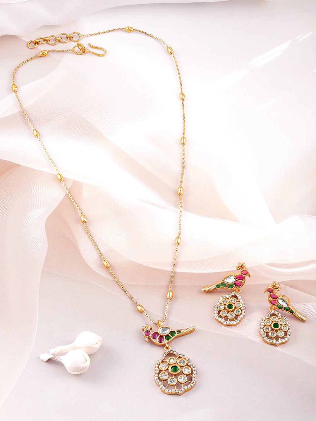 22 K Gold-Plated Ruby, Emerald & Kundan with Zirconia Studded Peacock Design Necklace Set