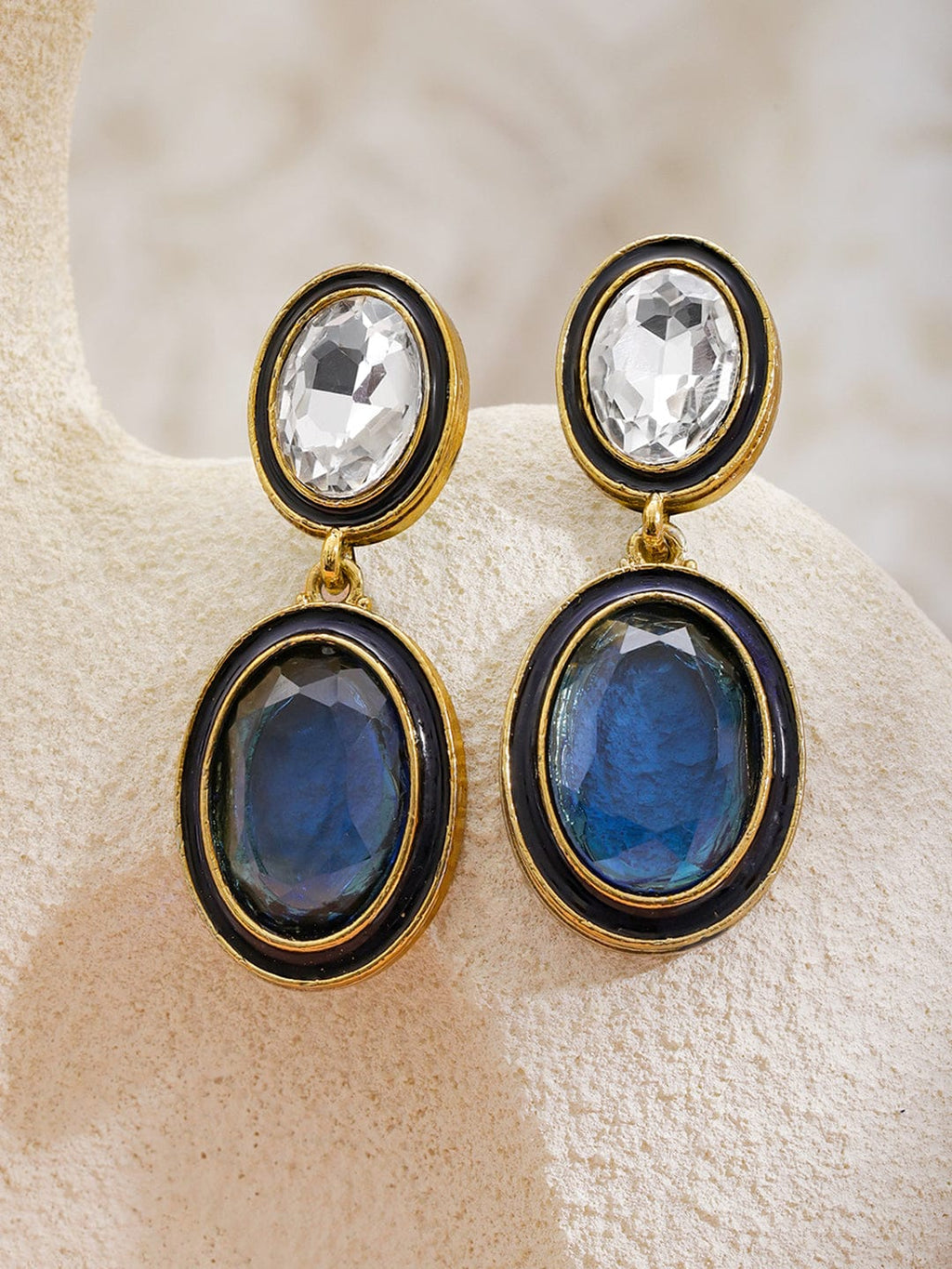 22K Gold-Plated Crystal Blue Sapphire & White Cubic Zirconia Stone Oval Drop Earrings