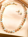 22K Gold-Plated Crystal Multicolor Cubic Zirconia Necklace Set with Stud Earrings