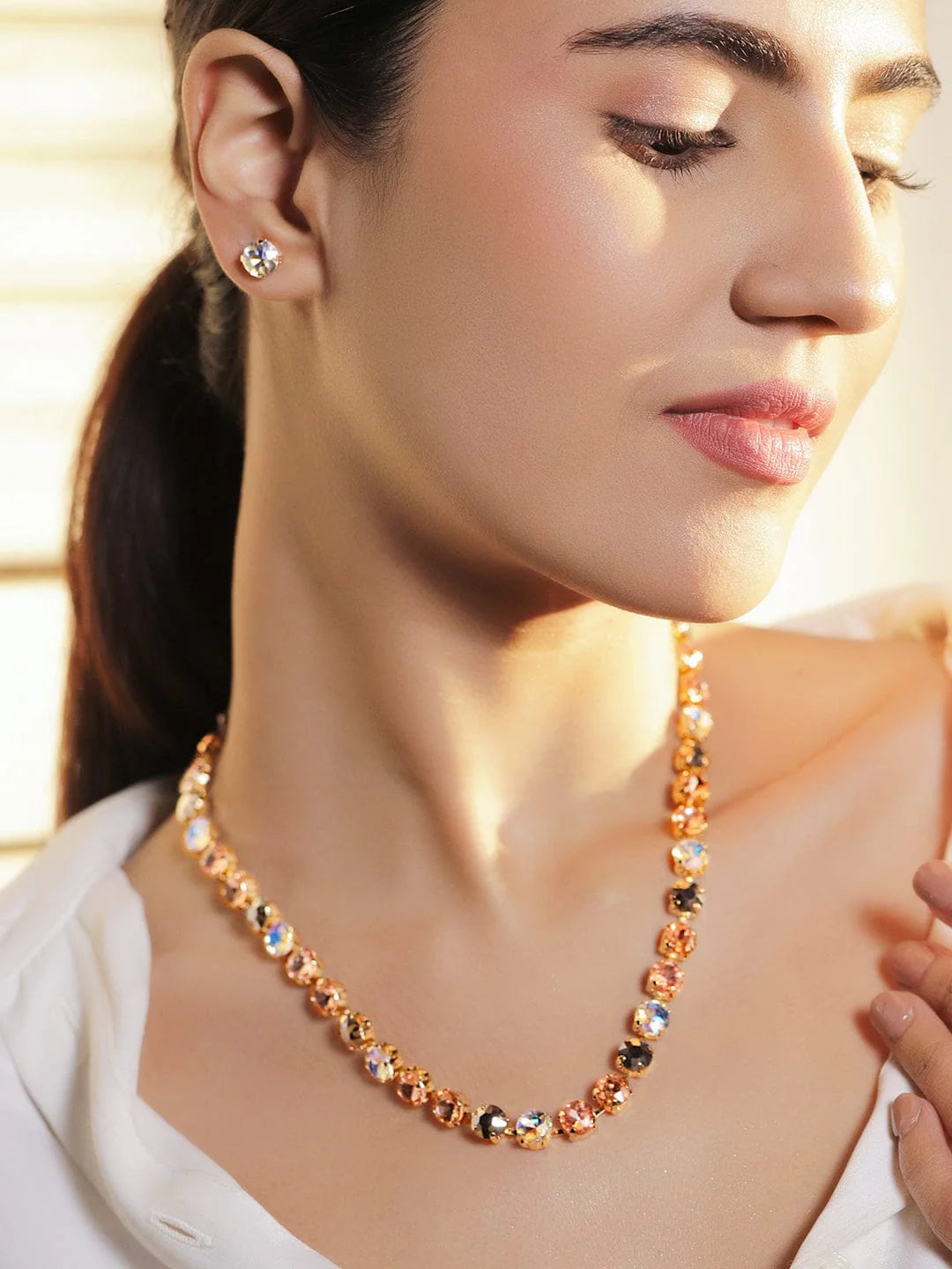 22K Gold-Plated Crystal Multicolor Cubic Zirconia Necklace Set with Stud Earrings