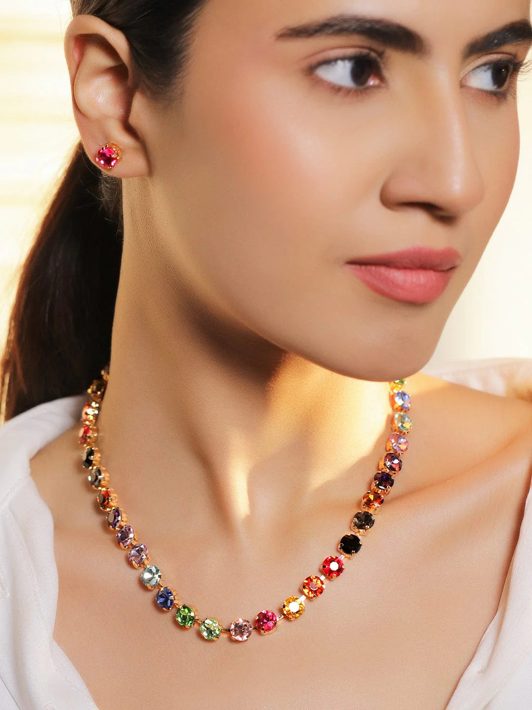 22K Gold-Plated Crystal Multicolor Cubic Zirconia Studded Necklace Set