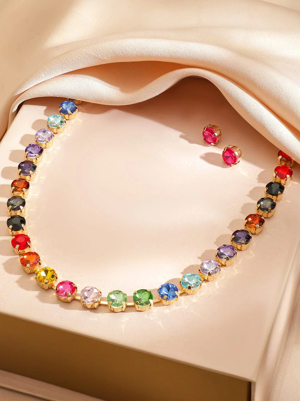 22K Gold-Plated Crystal Multicolor Cubic Zirconia Studded Necklace Set