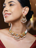 22K Gold-Plated Handcrafted Kundan Choker Set with Ruby Red, Green Stones & Pearls Beads