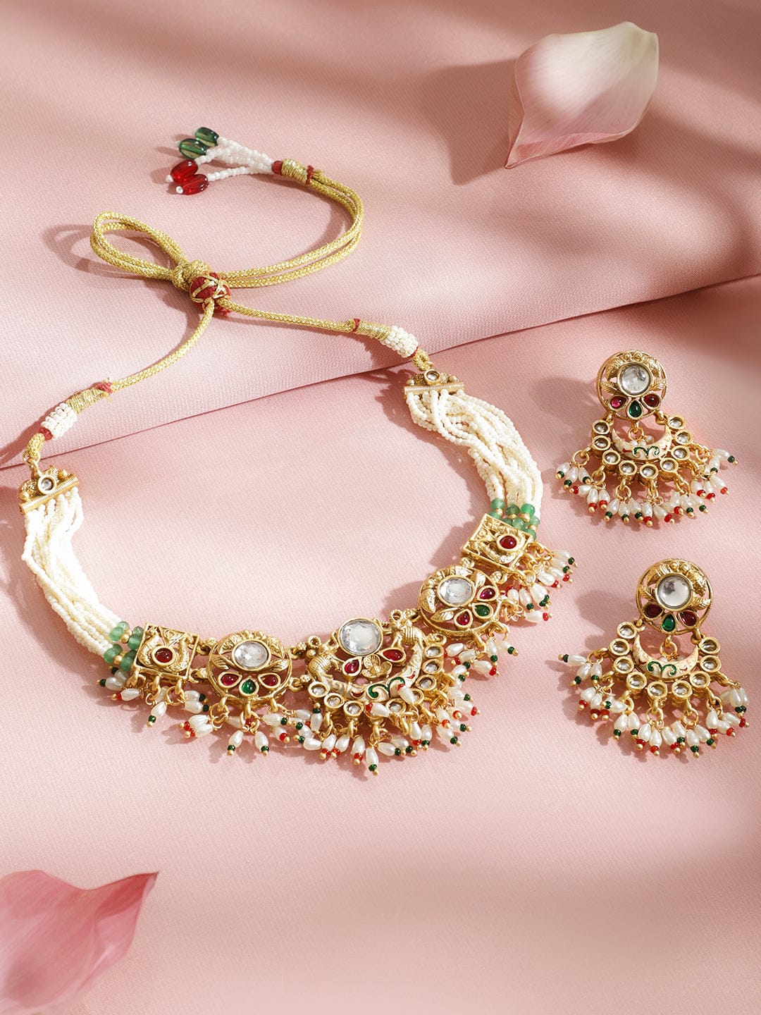 22K Gold-Plated Handcrafted Kundan Choker Set with Ruby Red, Green Stones & Pearls Beads