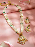 22K Gold-Plated Handcrafted Necklace Set with Red & Green Kundan & White Pearl Beads