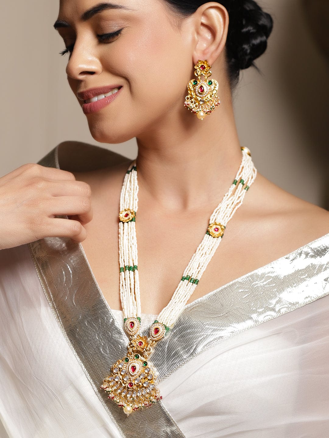 22K Gold-Plated Handcrafted Necklace Set with Red & Green Kundan & White Pearl Beads