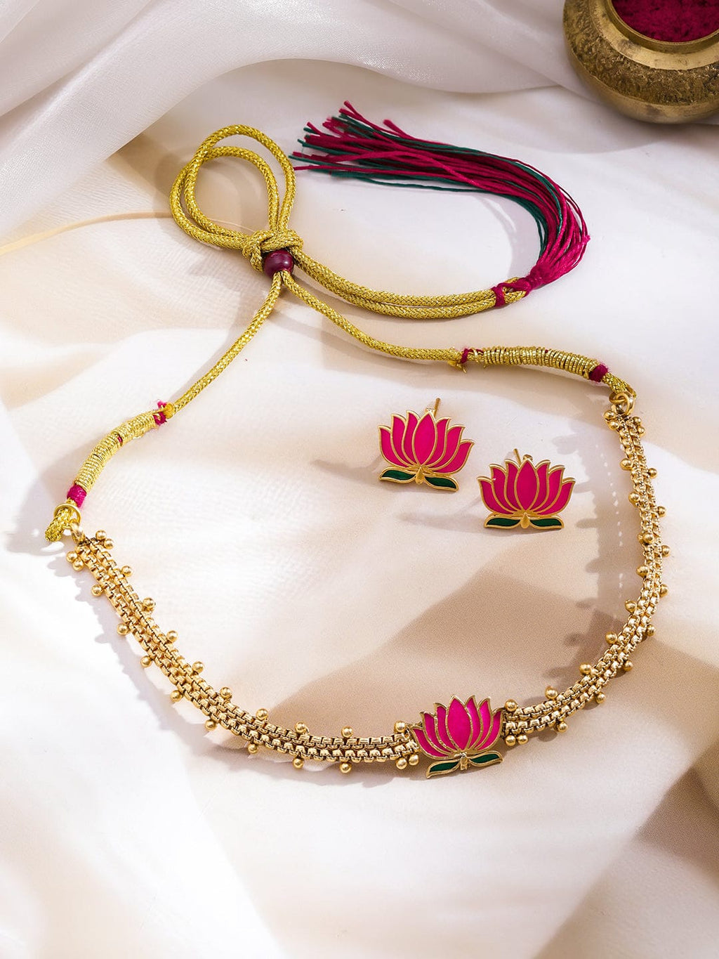 22K Gold-Plated Pink Lotus Enamel Choker Necklace Set with Green Detailing