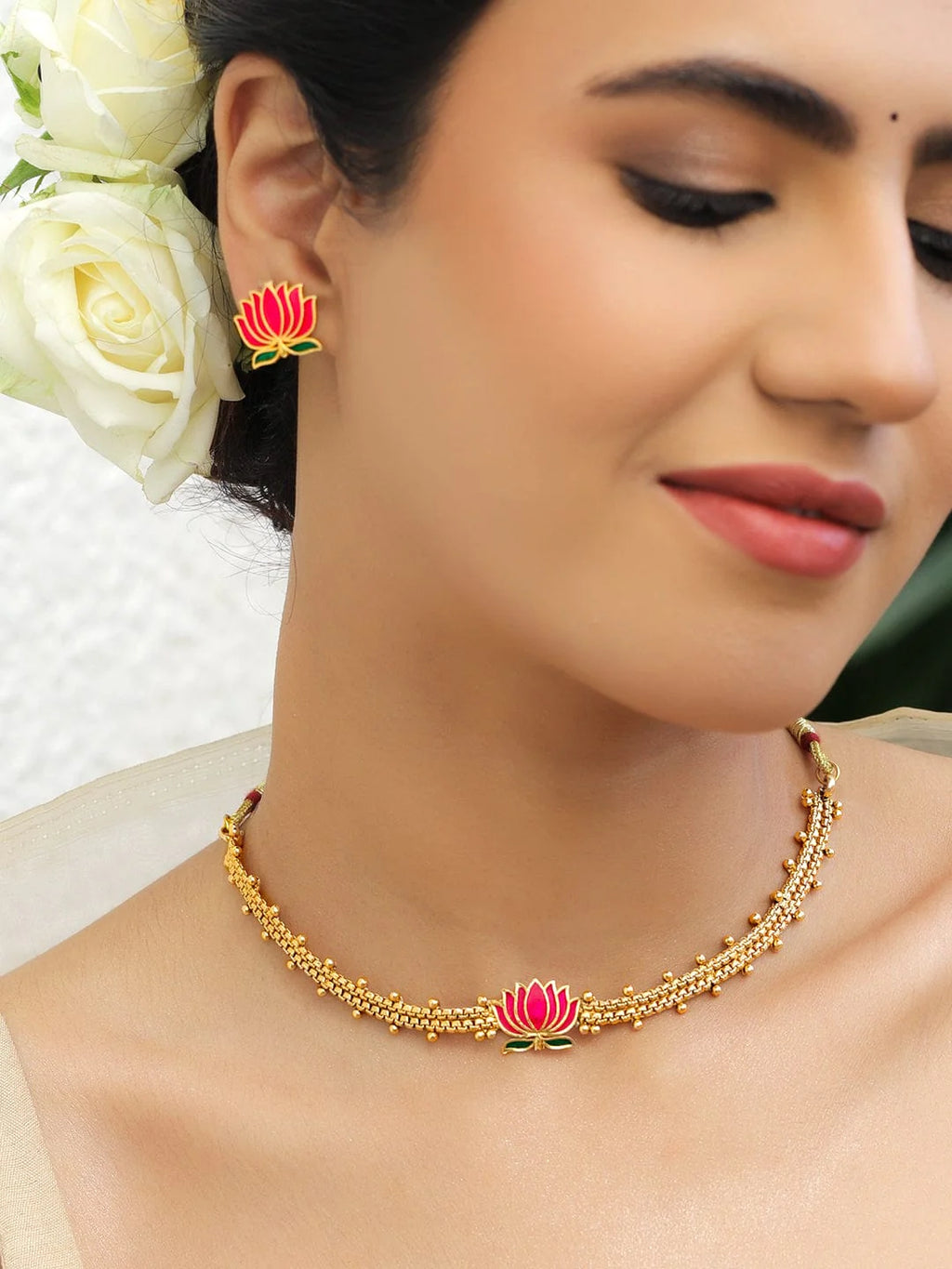 22K Gold-Plated Pink Lotus Enamel Choker Necklace Set with Green Detailing