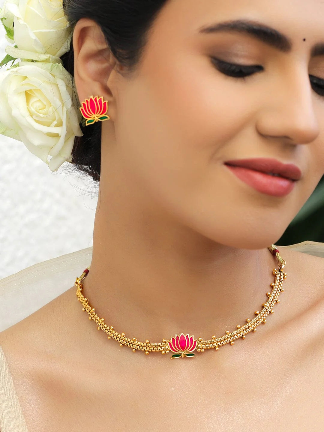 22K Gold-Plated Pink Lotus Enamel Choker Necklace Set with Green Detailing