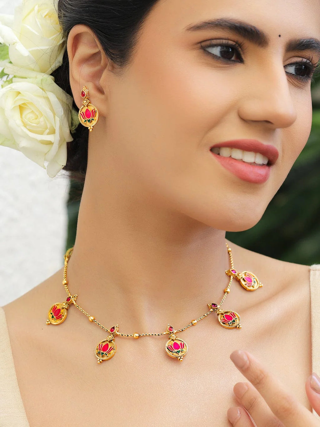 22K Gold-Plated Pink Lotus Enamel Necklace Set with Matching Earrings