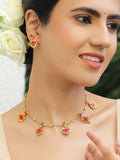 22K Gold-Plated Pink Lotus Enamel Necklace Set with Matching Earrings